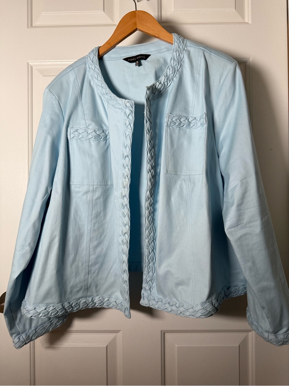 Ming Wang Light Blue Braided-Trim Leather Blazer